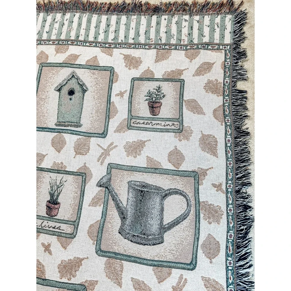 Vintage Pfaltzgraff Naturewood Woven Throw Blanket Afghan Birdhouse Garden 49x60